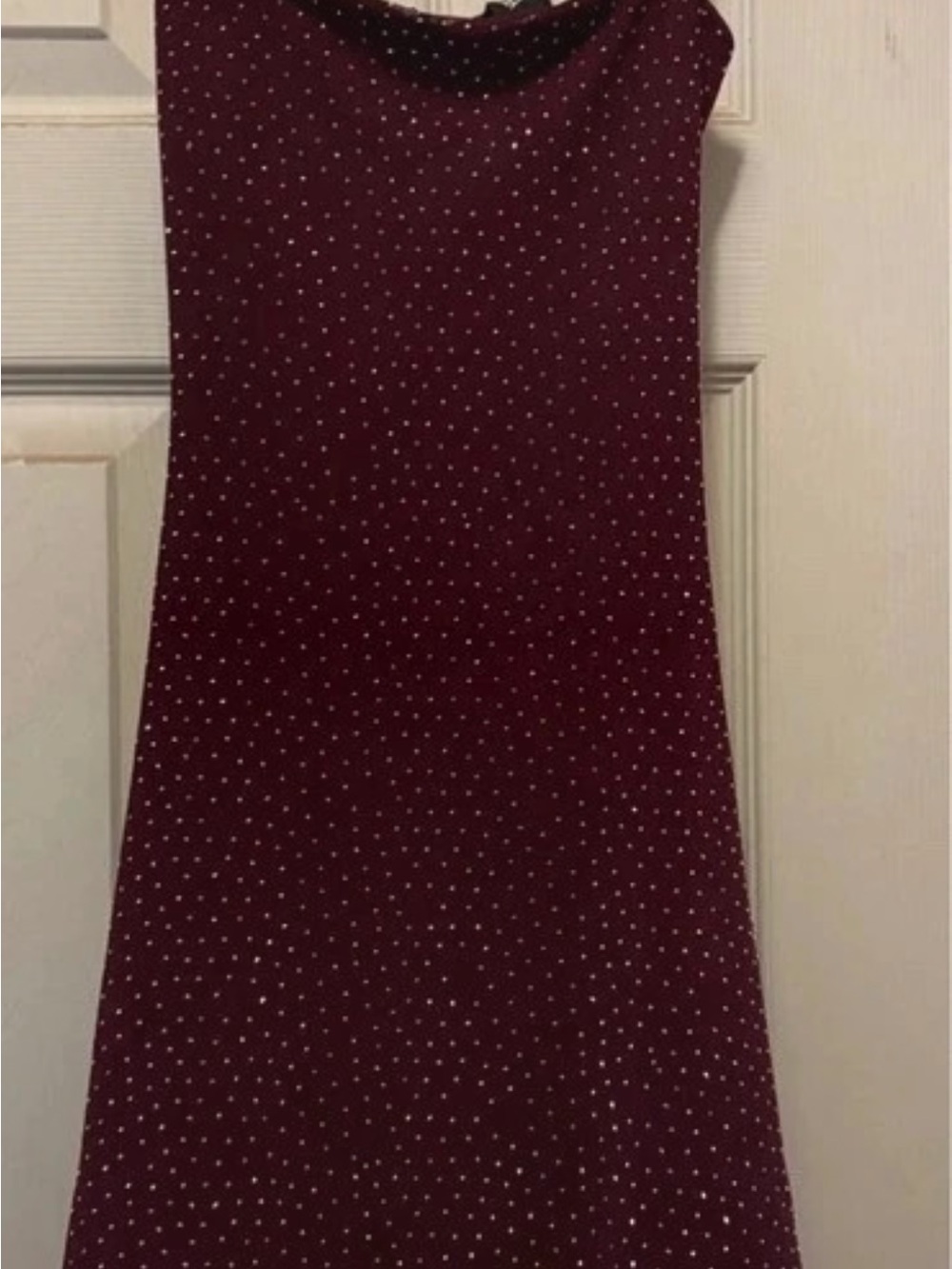 Windsor Burgundy Polka Dot Sleeveless Midi Dress. With rhinestones